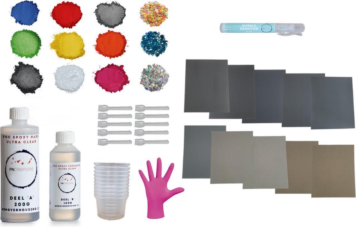 PNCreations Epoxy Hars Voordeelkit | Ultra Clear Giethars | 37 Delige Set | 9 Mica Kleurpigmenten | Opvulmateriaal | Bubble Remover | Schuur- en Polijstpapier